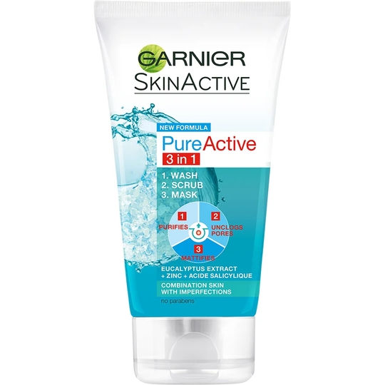 Pure Active 3 in 1 Wash Peeling & Mask, 150 ml Garnier Ansiktsrengjøring
